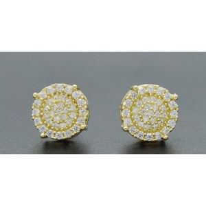 Real 10K Solid Yellow Gold 11mm Mens Halo Round Cut CZ Charm Stud Earrings 2.1gr